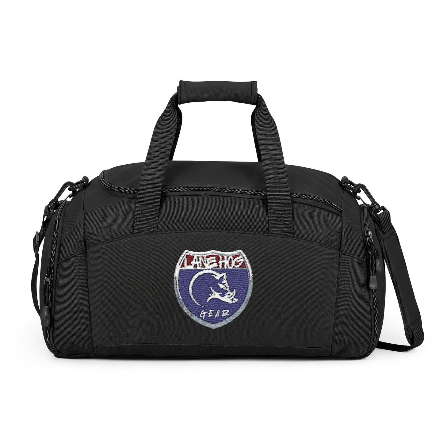 Lane Hog Nutrition Embroidered Crest Gym Bag — Durable Black Duffle with Shoulder Strap