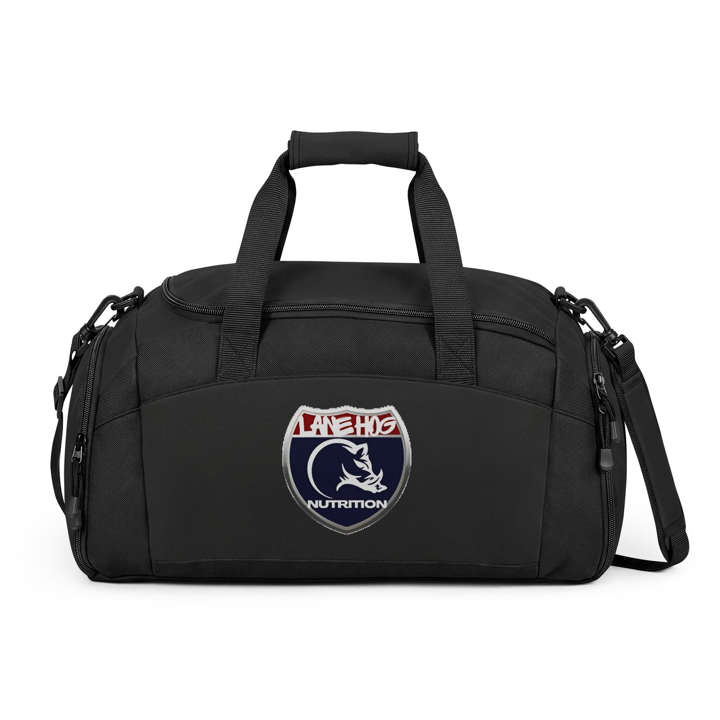 Classic Black Gym Bag with Lake H20 Nautical Patch — Durable Duffel for Workouts & Travel