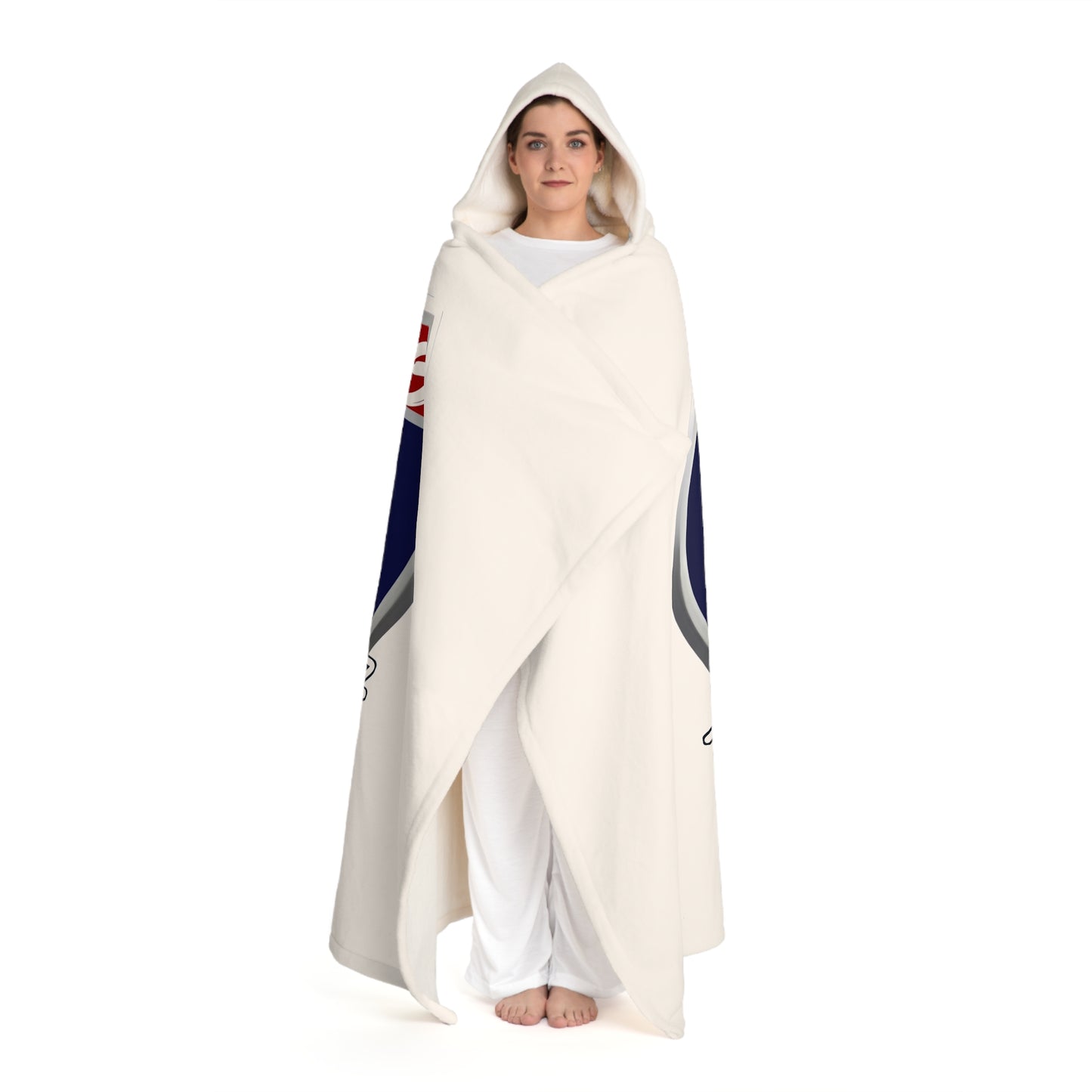 Hooded Sherpa Fleece Blanket - Cozy Navy & Red Cloak with Hood